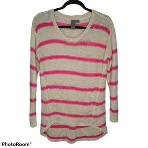 *Quinn Tan Pink Stripped Crew Neck Sweater Small Cottage Core Coastal Cowgirl